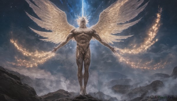 solo,1boy,standing,full body,male focus,outdoors,wings,sky,cloud,no humans,muscular,night,glowing,halo,abs,outstretched arms,fire,muscular male,star (sky),night sky,feathered wings,starry sky,angel wings,mountain,angel,multiple wings,spread wings,holding,weapon,nude,sword,holding sword,cloudy sky,scenery,fantasy