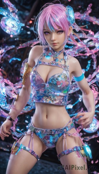 1girl,solo,breasts,looking at viewer,short hair,bangs,large breasts,hair ornament,navel,cleavage,bare shoulders,jewelry,medium breasts,underwear,blue hair,standing,panties,swimsuit,weapon,pink hair,multicolored hair,cowboy shot,midriff,pink eyes,blurry,two-tone hair,lips,streaked hair,thigh strap,knife,armlet,realistic,closed mouth,purple eyes,bikini,necklace,stomach,bracelet,crop top,watermark,armband,web address,contrapposto,blue panties