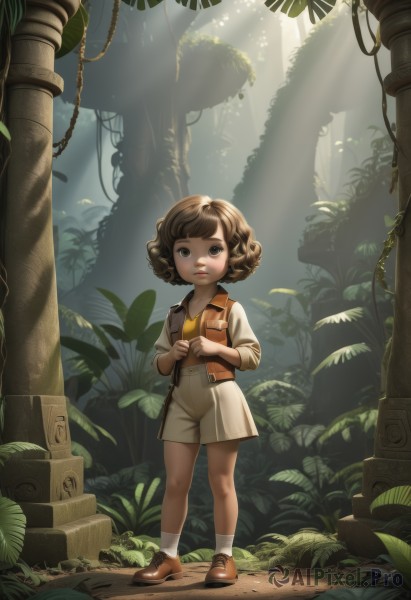 1girl,solo,looking at viewer,short hair,brown hair,shirt,long sleeves,brown eyes,standing,full body,outdoors,parted lips,shoes,shorts,day,socks,bag,vest,tree,lips,leaf,brown footwear,sunlight,plant,child,nature,forest,curly hair,yellow shirt,light rays,white shorts,female child,sunbeam,vines,bangs,closed mouth,open clothes,collared shirt,black eyes,watermark,backpack,white socks,brown shorts,open vest,brown vest