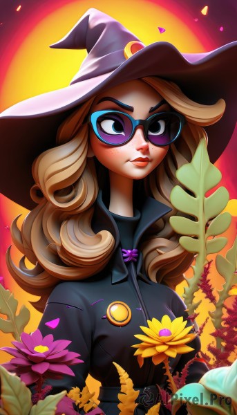 1girl,solo,long hair,breasts,looking at viewer,blonde hair,hat,medium breasts,closed mouth,upper body,flower,glasses,artist name,black eyes,lips,makeup,witch hat,leaf,watermark,sunglasses,plant,lipstick,crescent,web address,eyeshadow,freckles,curly hair,nose,purple flower,witch,tinted eyewear,blue eyes,brown hair,sun