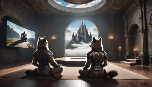 brown hair,animal ears,sitting,multiple boys,sky,day,cloud,indoors,2boys,from behind,armor,blue sky,helmet,cloudy sky,scenery,furry,wooden floor,mountain,candle,indian style,pillar,castle,statue,carpet,tail,male focus,wolf ears,3boys,wolf tail,furry male,candlestand