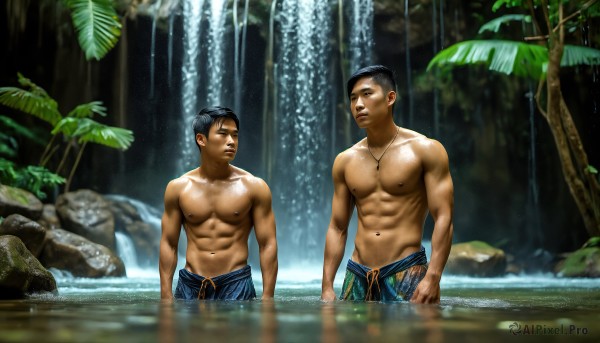 HQ,short hair,black hair,navel,jewelry,closed mouth,nipples,standing,male focus,outdoors,multiple boys,day,2boys,water,necklace,blurry,looking at another,tree,wet,muscular,siblings,abs,sunlight,pectorals,muscular male,nature,wading,forest,partially submerged,toned,topless male,rock,realistic,arms at sides,toned male,brothers,male swimwear,waterfall,swim trunks,open mouth,brown eyes,artist name,leaf,bara,large pectorals,undercut