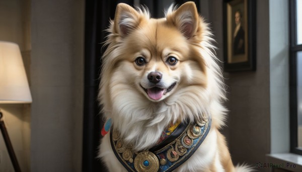 HQ,solo,looking at viewer,open mouth,brown eyes,jewelry,tongue,indoors,tongue out,no humans,window,animal,fangs,dog,realistic,lamp,animal focus,picture frame,painting (object),portrait (object),teeth,necklace,blurry,white fur