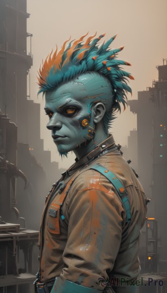 solo,looking at viewer,short hair,1boy,closed mouth,blue hair,jacket,upper body,male focus,multicolored hair,outdoors,orange hair,from side,orange eyes,aqua hair,colored skin,building,colored sclera,science fiction,city,blue skin,grey skin,cyborg,mohawk,cyberpunk,shirt,yellow eyes,artist name,dark skin,vest,looking to the side,facial hair,piercing,realistic,black sclera,facepaint,undercut