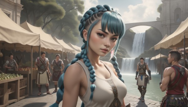 1girl,long hair,breasts,looking at viewer,bangs,brown hair,black hair,gloves,cleavage,bare shoulders,brown eyes,jewelry,medium breasts,closed mouth,blue hair,standing,weapon,braid,earrings,outdoors,parted lips,food,multiple boys,sky,sleeveless,day,sword,cloud,fingerless gloves,water,armor,twin braids,tree,lips,grey eyes,muscular,facial hair,crossed arms,3boys,tank top,polearm,beard,walking,6+boys,4boys,watercraft,waterfall,signature