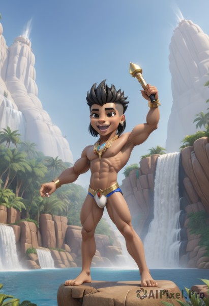 solo,looking at viewer,smile,short hair,open mouth,black hair,1boy,navel,holding,brown eyes,jewelry,underwear,nipples,standing,full body,weapon,male focus,earrings,outdoors,sky,barefoot,teeth,day,sword,dark skin,water,necklace,holding weapon,black eyes,arm up,bracelet,tree,blue sky,muscular,abs,dark-skinned male,thick eyebrows,pectorals,muscular male,spiked hair,bara,toned,bulge,topless male,palm tree,male child,male underwear,toned male,waterfall,cliff,briefs,swim briefs,brown hair,thighs,thick thighs,large pectorals,biceps