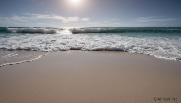 outdoors,sky,day,cloud,water,blue sky,no humans,ocean,beach,sunlight,scenery,sunset,sand,sun,horizon,waves,shore,lens flare