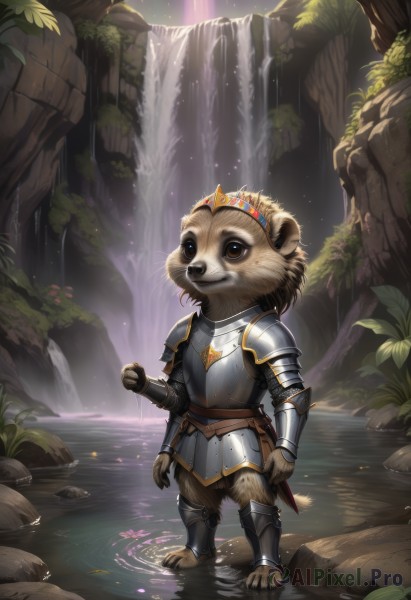 solo,looking at viewer,smile,1boy,brown eyes,standing,full body,weapon,male focus,outdoors,sword,artist name,water,armor,no humans,animal,crown,plant,shoulder armor,gauntlets,sheath,clenched hand,furry,wading,pauldrons,sheathed,breastplate,rock,fantasy,armored boots,furry male,waterfall,whiskers,moss,plate armor,animal ears,tail,leaf,tiara,ripples,pond