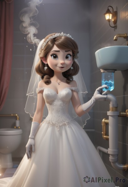 1girl,solo,long hair,breasts,looking at viewer,blush,smile,brown hair,gloves,dress,cleavage,bare shoulders,brown eyes,jewelry,medium breasts,standing,collarbone,earrings,small breasts,elbow gloves,indoors,white gloves,medium hair,necklace,off shoulder,white dress,strapless,makeup,swept bangs,drill hair,tiara,veil,strapless dress,smoke,glint,wedding dress,off-shoulder dress,long dress,lamp,bridal veil,bride,water,lips,nose,faucet