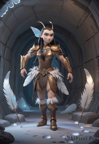 1girl,solo,long hair,breasts,looking at viewer,blue eyes,black hair,hair ornament,jewelry,medium breasts,standing,full body,weapon,braid,boots,artist name,armor,lips,fur trim,single braid,makeup,watermark,brown footwear,knee boots,feathers,shoulder armor,hair over shoulder,web address,pelvic curtain,pauldrons,breastplate,rock,arrow (projectile),vambraces,bracer,feather hair ornament,shoulder pads,faulds,loincloth,fur-trimmed boots,boobplate,parted lips,teeth,black eyes,looking to the side,looking away,thick eyebrows,head wings,antennae,blue feathers