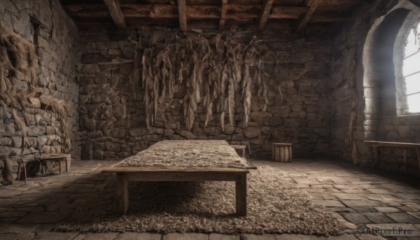 monochrome,indoors,no humans,window,chair,table,sunlight,scenery,stairs,fantasy,wall,ruins,pillar,statue,arch,barrel,stone floor,day,signature,plant,brick wall,stone wall,crate,wood,brick floor