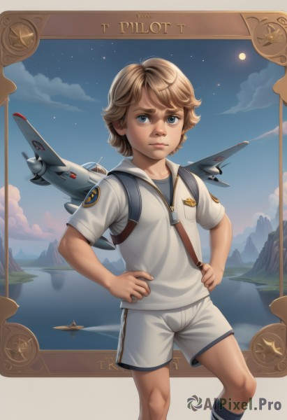 solo,looking at viewer,short hair,blue eyes,blonde hair,brown hair,1boy,male focus,sky,shorts,socks,cloud,hood,lips,military,moon,child,hands on hips,white shorts,mountain,realistic,aircraft,airplane,jet,fighter jet,artist name,bag,character name,night,star (sky),night sky,starry sky,nose,emblem,military vehicle,male child