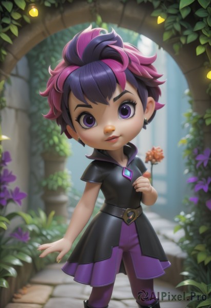 1girl,solo,looking at viewer,short hair,bangs,dress,holding,jewelry,standing,purple eyes,pink hair,purple hair,flower,short sleeves,pantyhose,multicolored hair,earrings,boots,outdoors,parted lips,belt,artist name,nail polish,black footwear,blurry,black dress,two-tone hair,lips,fingernails,eyelashes,makeup,blurry background,leaf,knee boots,plant,lipstick,gem,child,holding flower,breasts,smile,open mouth,skirt,collarbone,full body,pleated skirt,small breasts,teeth,day,hand up,dark skin,chibi,flat chest,dark-skinned female,streaked hair,coat,head tilt,watermark,grass,messy hair,web address,multicolored clothes,buckle,arm at side,legs apart,purple skirt,asymmetrical hair,black belt,belt buckle,pink lips,red lips,stud earrings,purple footwear,purple pantyhose,multicolored legwear,arch