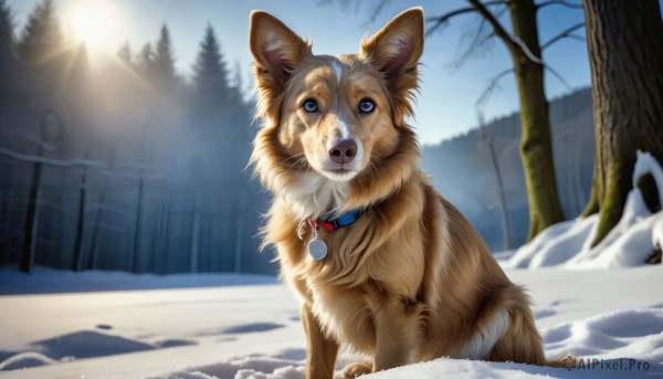 HQ,blue eyes,jewelry,outdoors,sky,day,collar,tree,no humans,animal,sunlight,nature,snow,forest,dog,realistic,sun,chinese zodiac,animal focus,winter,bare tree,solo,looking at viewer,tongue,blurry,fangs,watermark,animal collar,dog tags