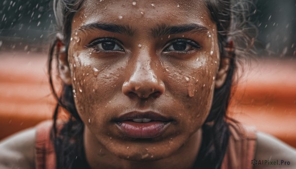 1girl,solo,looking at viewer,black hair,braid,sweat,parted lips,teeth,blurry,black eyes,lips,wet,blurry background,portrait,snow,close-up,rain,snowing,realistic,nose,wet hair,1boy,freckles,dirty