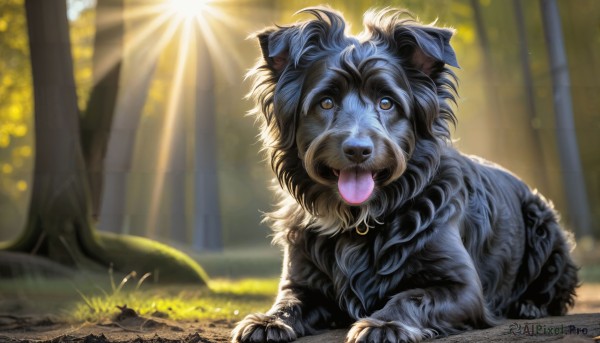 HQ,solo,looking at viewer,brown eyes,outdoors,day,tongue,tongue out,blurry,tree,no humans,blurry background,animal,sunlight,grass,nature,forest,dog,light rays,realistic,animal focus,yellow eyes,signature,depth of field,fangs,watermark,web address,sun