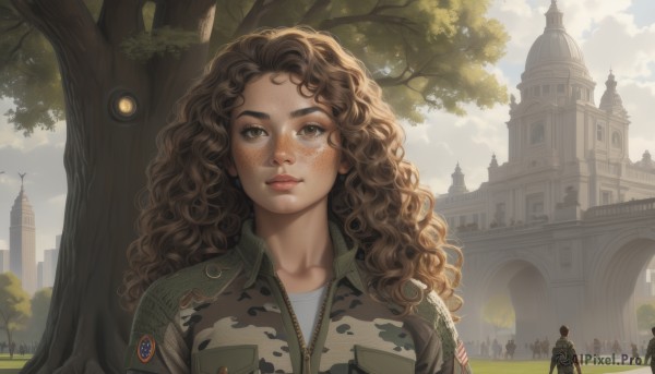 1girl,long hair,brown hair,brown eyes,collarbone,jacket,upper body,outdoors,multiple boys,sky,solo focus,day,cloud,uniform,tree,lips,looking to the side,military,military uniform,wavy hair,thick eyebrows,cloudy sky,grass,building,zipper,freckles,curly hair,realistic,nose,camouflage,castle,tower,soldier,camouflage jacket,looking at viewer,eyelashes,bird,sunlight,6+boys,flag,zipper pull tab,army