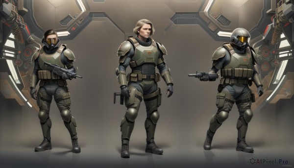 blonde hair,brown hair,gloves,1boy,holding,standing,full body,weapon,male focus,boots,multiple boys,holding weapon,armor,gun,mask,3boys,helmet,shoulder armor,holding gun,rifle,handgun,science fiction,pouch,realistic,assault rifle,holster,knee pads,shoulder pads,power armor,bullpup,1girl,looking at viewer,short hair,2boys,military,very short hair,multiple others,submachine gun,machine gun,tactical clothes,bulletproof vest