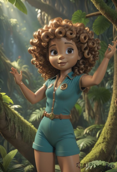 1girl,solo,long hair,breasts,looking at viewer,smile,brown hair,shirt,brown eyes,standing,short sleeves,cowboy shot,small breasts,outdoors,shorts,day,belt,dark skin,dark-skinned female,tree,lips,leaf,sunlight,blue shirt,plant,nature,forest,curly hair,pocket,nose,badge,dappled sunlight,very dark skin,parted lips,teeth,artist name,blurry,buttons,watermark,web address,button badge