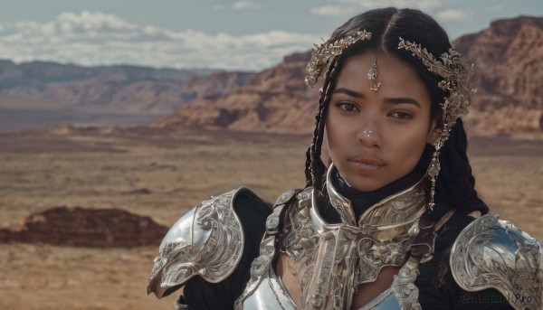 1girl,solo,long hair,looking at viewer,black hair,hair ornament,brown eyes,jewelry,closed mouth,upper body,braid,earrings,outdoors,sky,day,cloud,dark skin,armor,blurry,black eyes,twin braids,dark-skinned female,blue sky,lips,blurry background,shoulder armor,portrait,pauldrons,gold trim,circlet,breastplate,mountain,realistic,desert,gorget,piercing,nose,very dark skin