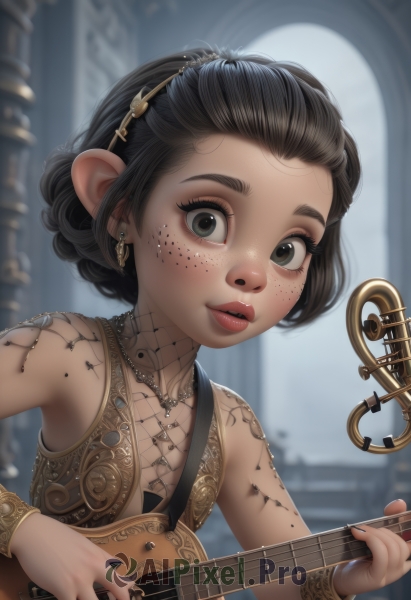 1girl,solo,looking at viewer,short hair,black hair,holding,jewelry,upper body,hairband,earrings,parted lips,sleeveless,pointy ears,necklace,blurry,black eyes,flat chest,bracelet,lips,grey eyes,tattoo,blurry background,instrument,child,black nails,forehead,freckles,fantasy,music,guitar,female child,playing instrument,holding instrument,hair pulled back,breasts,dress,cleavage,brown eyes,small breasts,indoors,nail polish,fingernails,eyelashes