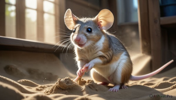 HQ,solo,blue eyes,closed mouth,full body,day,indoors,blurry,no humans,window,depth of field,blurry background,animal,sunlight,cat,realistic,animal focus,mouse,whiskers,looking at viewer,standing