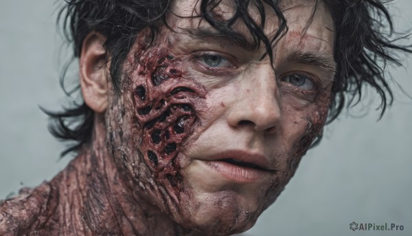 solo,looking at viewer,short hair,simple background,black hair,1boy,brown eyes,closed mouth,male focus,parted lips,grey background,black eyes,lips,grey eyes,scar,messy hair,portrait,realistic,blood,close-up,veins