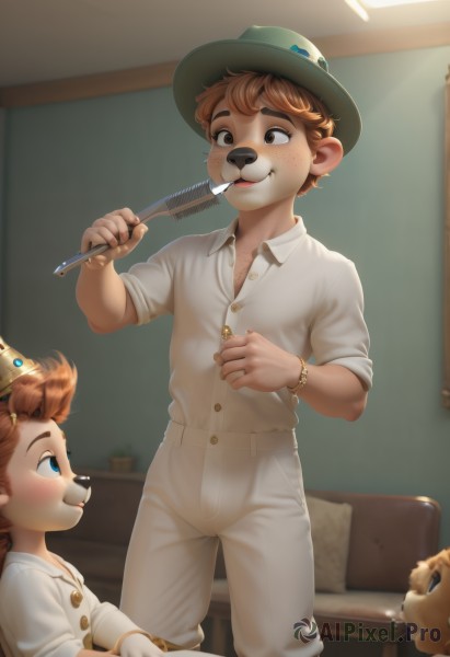 1girl,blush,smile,short hair,blue eyes,brown hair,shirt,1boy,hat,holding,animal ears,brown eyes,jewelry,closed mouth,standing,white shirt,male focus,multiple boys,pants,indoors,2boys,looking at another,bracelet,buttons,siblings,chair,thick eyebrows,crown,child,furry,freckles,dog,white pants,green headwear,furry male,male child,chalkboard,snout,collared shirt,artist name,pillow,mouth hold,table,couch,bandaid