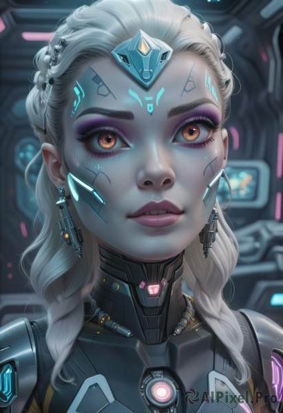 1girl,solo,long hair,looking at viewer,hair ornament,brown eyes,jewelry,upper body,braid,white hair,earrings,parted lips,artist name,blurry,lips,orange eyes,eyelashes,bodysuit,makeup,blurry background,facial mark,lipstick,portrait,eyeshadow,science fiction,nose,eyeliner,cyborg,mascara,cyberpunk,teeth,armor,tattoo,glowing,hair over shoulder,close-up,asymmetrical hair,realistic,alternate hair color,purple lips,neon trim,hologram