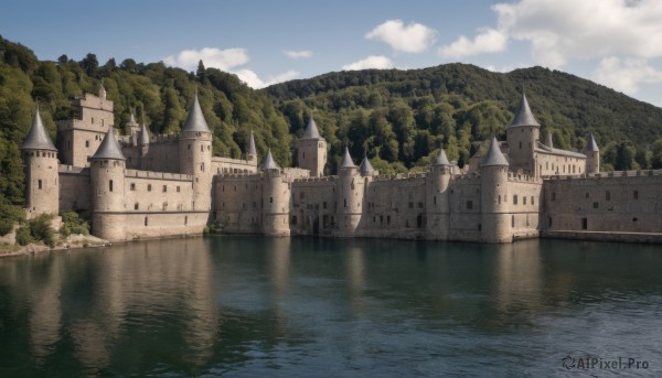 outdoors,sky,day,cloud,water,tree,blue sky,no humans,cloudy sky,building,nature,scenery,forest,reflection,mountain,river,castle,tower,landscape,lake,reflective water,fantasy