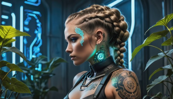 1girl,solo,long hair,breasts,blue eyes,blonde hair,brown hair,cleavage,bare shoulders,jewelry,upper body,braid,earrings,dark skin,blurry,from side,dark-skinned female,lips,tattoo,profile,makeup,glowing,leaf,piercing,plant,ear piercing,eyeshadow,hair rings,science fiction,nose,arm tattoo,facial tattoo,cyborg,hair pulled back,cyberpunk,dreadlocks,earpiece,multiple braids,medium breasts,necklace,portrait,undercut,hologram