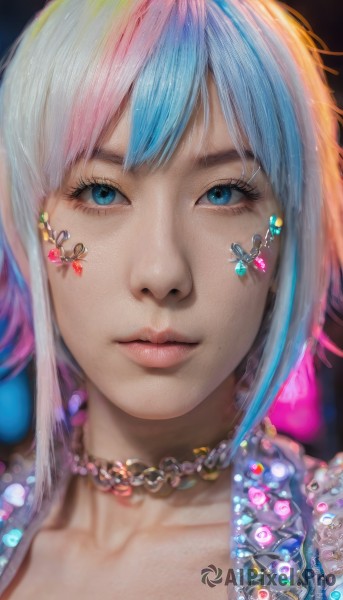 1girl,solo,looking at viewer,short hair,bangs,blue eyes,jewelry,closed mouth,blue hair,collarbone,pink hair,white hair,multicolored hair,choker,necklace,mole,two-tone hair,lips,eyelashes,makeup,facial mark,gem,portrait,close-up,pink lips,realistic,nose,mascara,heart,earrings,blurry,piercing