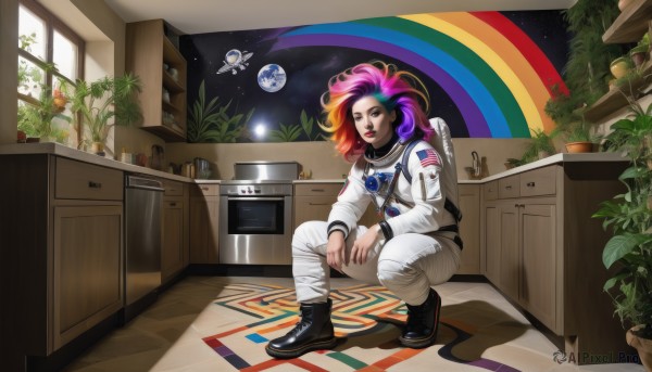 1girl,solo,long hair,looking at viewer,smile,long sleeves,jewelry,full body,pink hair,purple hair,multicolored hair,boots,parted lips,belt,pants,indoors,bag,star (symbol),black footwear,two-tone hair,lips,window,makeup,squatting,plant,lipstick,box,star (sky),eyeshadow,cross-laced footwear,science fiction,wooden floor,white pants,nose,bookshelf,red lips,potted plant,space,rainbow,planet,spacecraft,spacesuit,drawer,globe,space helmet,astronaut,bangs,blue eyes,blue hair,jacket,flower,heart,earrings,sky,shoes,artist name,necklace,uniform,collar,gradient hair,night,shadow,piercing,moon,white jacket,backpack,floating,forehead mark,realistic,shelf,kitchen,earth (planet),american flag,flower pot,faucet,stove,cactus,rainbow hair,washing machine