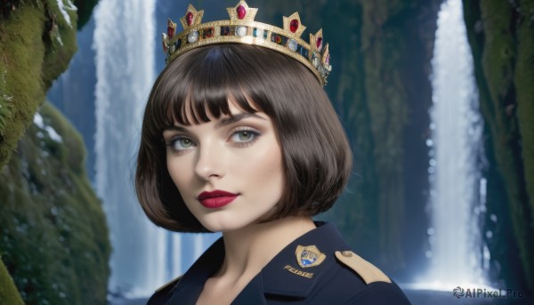 1girl,solo,looking at viewer,smile,short hair,bangs,brown hair,brown eyes,closed mouth,green eyes,outdoors,water,blurry,uniform,lips,makeup,bob cut,crown,lipstick,portrait,realistic,red lips,police,police uniform,waterfall,policewoman,black hair,eyelashes,gem,epaulettes