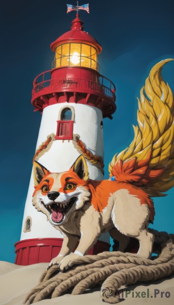 solo,open mouth,tail,outdoors,wings,sky,teeth,day,tongue,tongue out,blue sky,orange eyes,no humans,animal,fangs,building,claws,dog,flag,animal focus,tower,union jack,rope,shimenawa