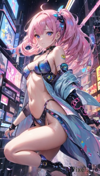 1girl,solo,long hair,breasts,looking at viewer,smile,bangs,blue eyes,hair ornament,gloves,navel,cleavage,bare shoulders,medium breasts,closed mouth,standing,jacket,swimsuit,ponytail,pink hair,ahoge,sidelocks,bikini,thighs,earrings,boots,outdoors,choker,black gloves,elbow gloves,fingerless gloves,off shoulder,stomach,black footwear,high heels,side ponytail,groin,tattoo,night,black bikini,highleg,black choker,leg up,standing on one leg,revealing clothes,string bikini,butterfly hair ornament,highleg bikini,multi-strapped bikini,barcode tattoo,neon lights,blush,holding,jewelry,small breasts,parted lips,open clothes,shoes,sleeveless,socks,shiny,nail polish,collar,from side,open jacket,blue jacket,night sky,bridal gauntlets,blue bikini,city,cityscape,shoulder tattoo,cyberpunk