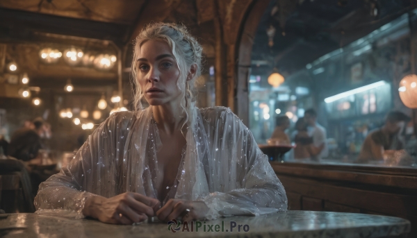 1girl,solo,blue eyes,blonde hair,long sleeves,1boy,jewelry,sitting,closed mouth,upper body,white hair,solo focus,indoors,blurry,cup,lips,wet,grey eyes,night,depth of field,blurry background,looking away,table,ring,wet clothes,realistic,nose,old,bokeh,bar (place),long hair,looking at viewer,shirt,multiple boys,necklace,window,rain,lights