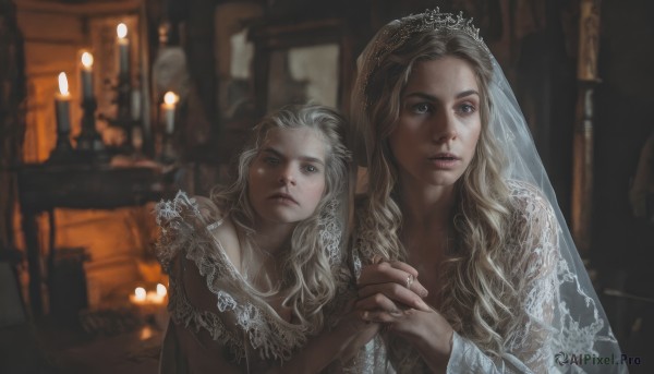 long hair,looking at viewer,blue eyes,multiple girls,blonde hair,dress,2girls,jewelry,upper body,grey hair,parted lips,indoors,white dress,blurry,lips,grey eyes,dutch angle,blurry background,holding hands,siblings,wavy hair,ring,veil,realistic,candle,candlestand,1girl,tiara,crown,child,fine art parody