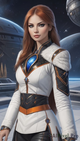 1girl,solo,long hair,breasts,looking at viewer,smile,brown hair,long sleeves,brown eyes,jewelry,cowboy shot,earrings,sky,pants,lips,coat,fur trim,makeup,black pants,lipstick,brooch,gem,star (sky),starry sky,science fiction,realistic,nose,white coat,red lips,space,planet,earth (planet),spacecraft,medium breasts,closed mouth,standing,artist name