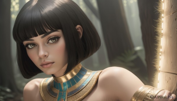 1girl,solo,looking at viewer,short hair,bangs,brown hair,black hair,bare shoulders,brown eyes,jewelry,closed mouth,upper body,outdoors,dark skin,blunt bangs,blurry,dark-skinned female,tree,lips,eyelashes,blurry background,bob cut,portrait,nature,close-up,armlet,forest,freckles,realistic,nose,neck ring,gold,egyptian,egyptian clothes,day,artist name,grey eyes,gorget