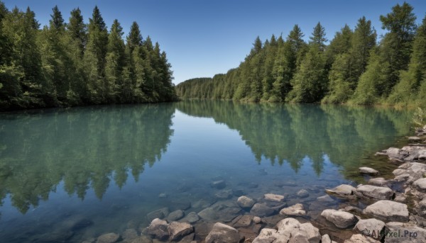 outdoors,sky,day,water,tree,blue sky,no humans,sunlight,nature,scenery,lens flare,forest,reflection,rock,river,landscape,lake,reflective water