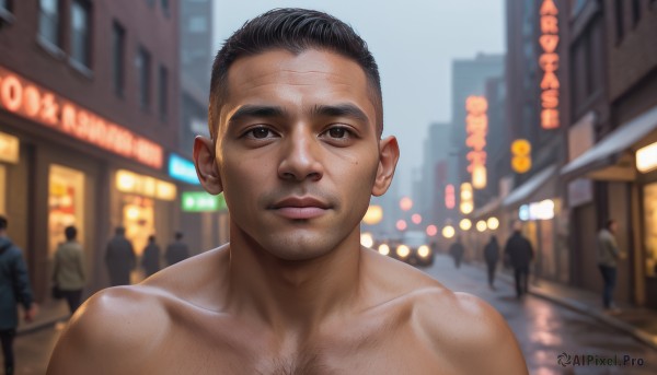 solo,looking at viewer,short hair,black hair,1boy,brown eyes,collarbone,upper body,male focus,outdoors,multiple boys,solo focus,blurry,lips,blurry background,facial hair,building,freckles,topless male,city,realistic,road,chest hair,street,crowd,smile,closed mouth,nude,sky,day,muscular,night,muscular male,portrait,very short hair,people