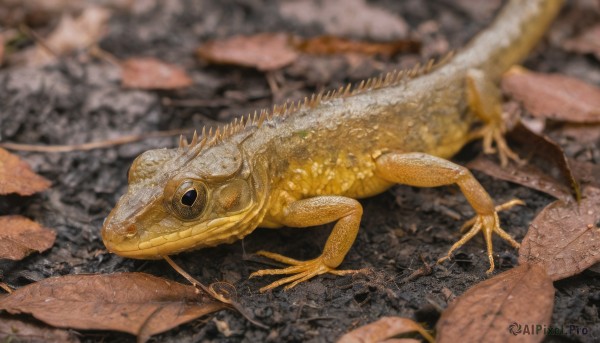 outdoors,blurry,black eyes,no humans,depth of field,blurry background,animal,leaf,scenery,fish,realistic,animal focus,turtle,solo,tail,full body,horns,from side,from above,claws,rock,dragon,scales,eastern dragon