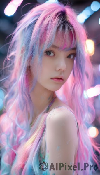 1girl,solo,long hair,looking at viewer,bangs,bare shoulders,brown eyes,closed mouth,underwear,upper body,pink hair,multicolored hair,bra,blurry,black eyes,from side,two-tone hair,lips,looking to the side,makeup,depth of field,realistic,nose,jewelry,earrings,sleeveless,artist name,blunt bangs,necklace,eyelashes,gradient hair,watermark,wavy hair,expressionless,pink lips,bokeh