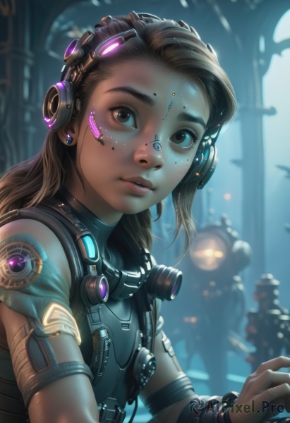 1girl,solo,long hair,looking at viewer,brown hair,brown eyes,jewelry,upper body,earrings,solo focus,dark skin,mole,blurry,dark-skinned female,lips,bodysuit,blurry background,headgear,headphones,robot,freckles,science fiction,realistic,nose,cyborg,hair pulled back,cyberpunk,facial mark,goggles,cable,facepaint,dirty