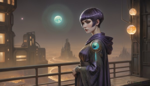 1girl,solo,breasts,looking at viewer,short hair,bangs,black hair,long sleeves,dress,brown eyes,jewelry,medium breasts,closed mouth,standing,purple hair,outdoors,sky,hood,blunt bangs,water,cape,bracelet,from side,lips,eyelashes,makeup,night,expressionless,moon,bob cut,hood down,lipstick,building,star (sky),scenery,cloak,full moon,science fiction,robe,city,nose,railing,eyeliner,planet,upper body,parted lips,artist name,wide sleeves,looking to the side,glowing,gem,night sky,fantasy,red lips,cityscape,orb