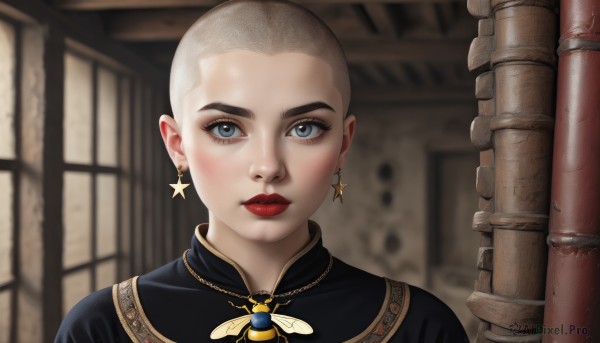 1girl,solo,looking at viewer,blush,short hair,blue eyes,1boy,jewelry,closed mouth,male focus,earrings,indoors,necklace,star (symbol),blurry,lips,grey eyes,makeup,blurry background,lipstick,portrait,realistic,red lips,bald,very short hair,star earrings,buzz cut,dress,eyelashes,thick eyebrows,eyeshadow,eyeliner