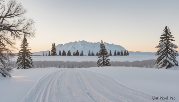 outdoors,sky,tree,no humans,nature,scenery,snow,forest,sunset,mountain,winter,bare tree,landscape,mountainous horizon,gradient sky,sunrise,pine tree,monochrome,day,cloud,water,blue sky,cloudy sky,reflection,horizon,lake,fog