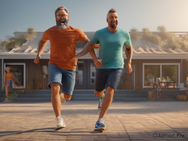 short hair,open mouth,shirt,black hair,full body,short sleeves,grey hair,male focus,outdoors,multiple boys,shoes,glasses,shorts,day,dark skin,2boys,blurry,tree,blurry background,facial hair,parody,dark-skinned male,blue shirt,t-shirt,building,sneakers,beard,walking,blue shorts,meme,running,realistic,mustache,house,orange shirt,photo background,leg hair,arm hair,reference inset,photo inset,brown hair,grey shorts