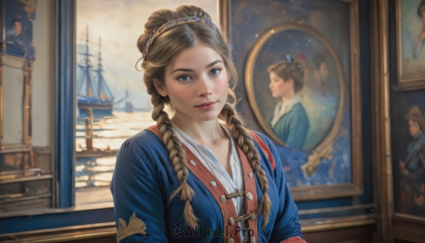 1girl,solo,long hair,looking at viewer,smile,blue eyes,brown hair,hair ornament,closed mouth,upper body,braid,hairband,indoors,blurry,twin braids,lips,window,sunlight,hair over shoulder,freckles,reflection,mirror,realistic,nose,watercraft,ship,picture frame,boat,painting (object),traditional clothes,portrait (object),bangs,long sleeves,dress,hair bun,blurry background,red lips